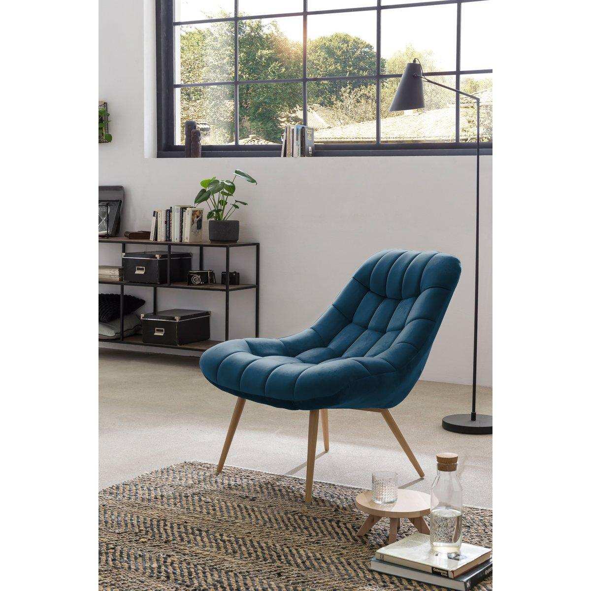 Sessel XXL Samt blau Metall Holzoptik - HomeDesign Knaus