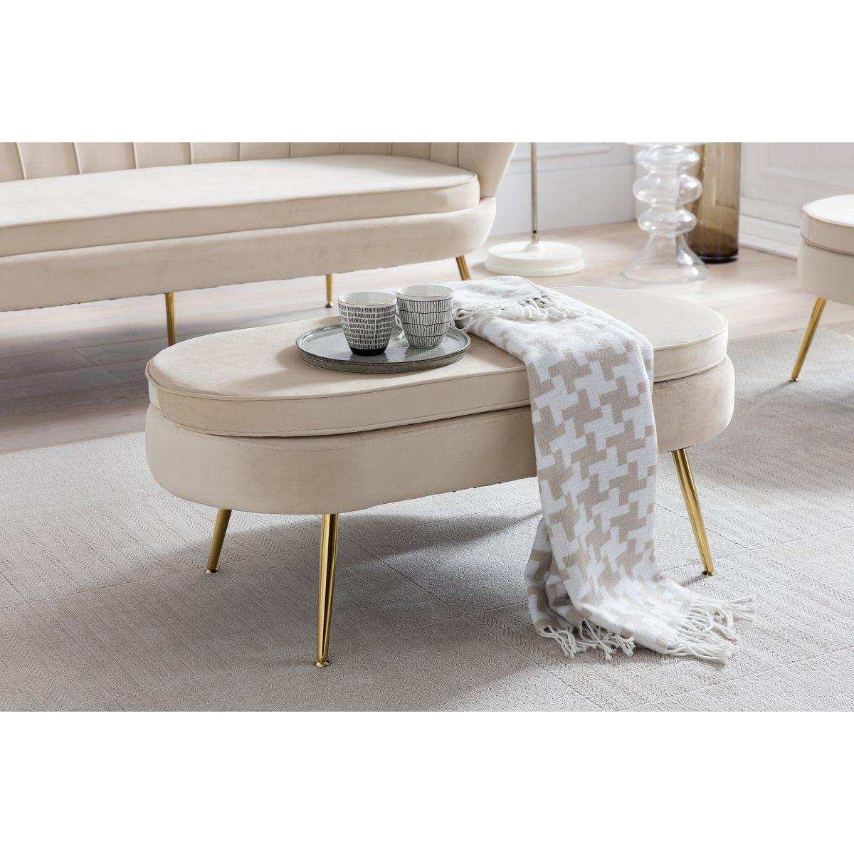 Sitzpouf oval aus Samt Beige - HomeDesign Knaus