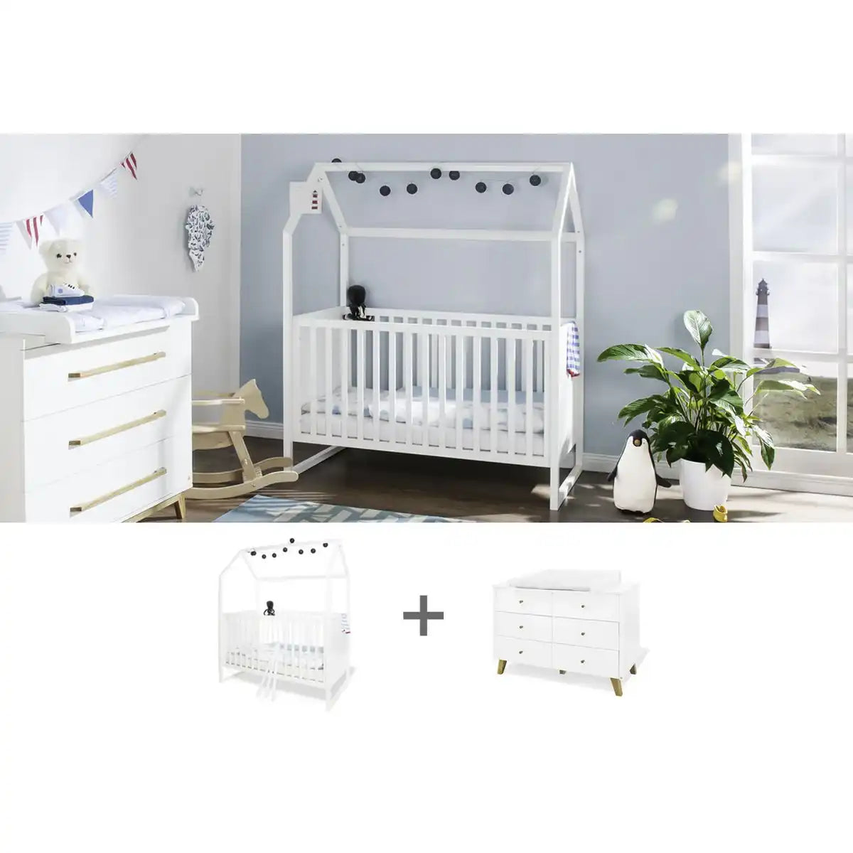 Starter-Set 'Hilda & Pan' extrabreit, weiß
2-teilig: Hausbett, extra breite Wickelkommode - HomeDesign Knaus