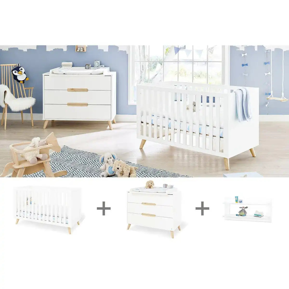 Starter-Set 'Move' breit, inkl. Wandregal
3-teilig: Kinderbett, breite Wickelkommode, Wandregal - HomeDesign Knaus