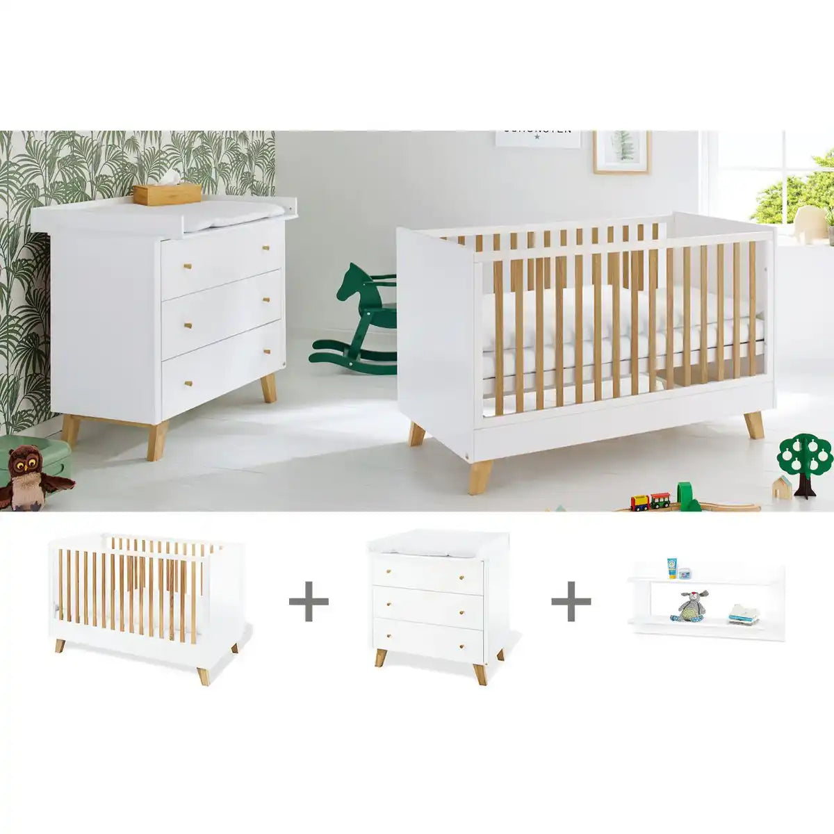 Starter-Set 'Pfanne' breit, inkl. Wandregal
3-teilig: Kinderbett, breite Wickelkommode, Wandregal - HomeDesign Knaus