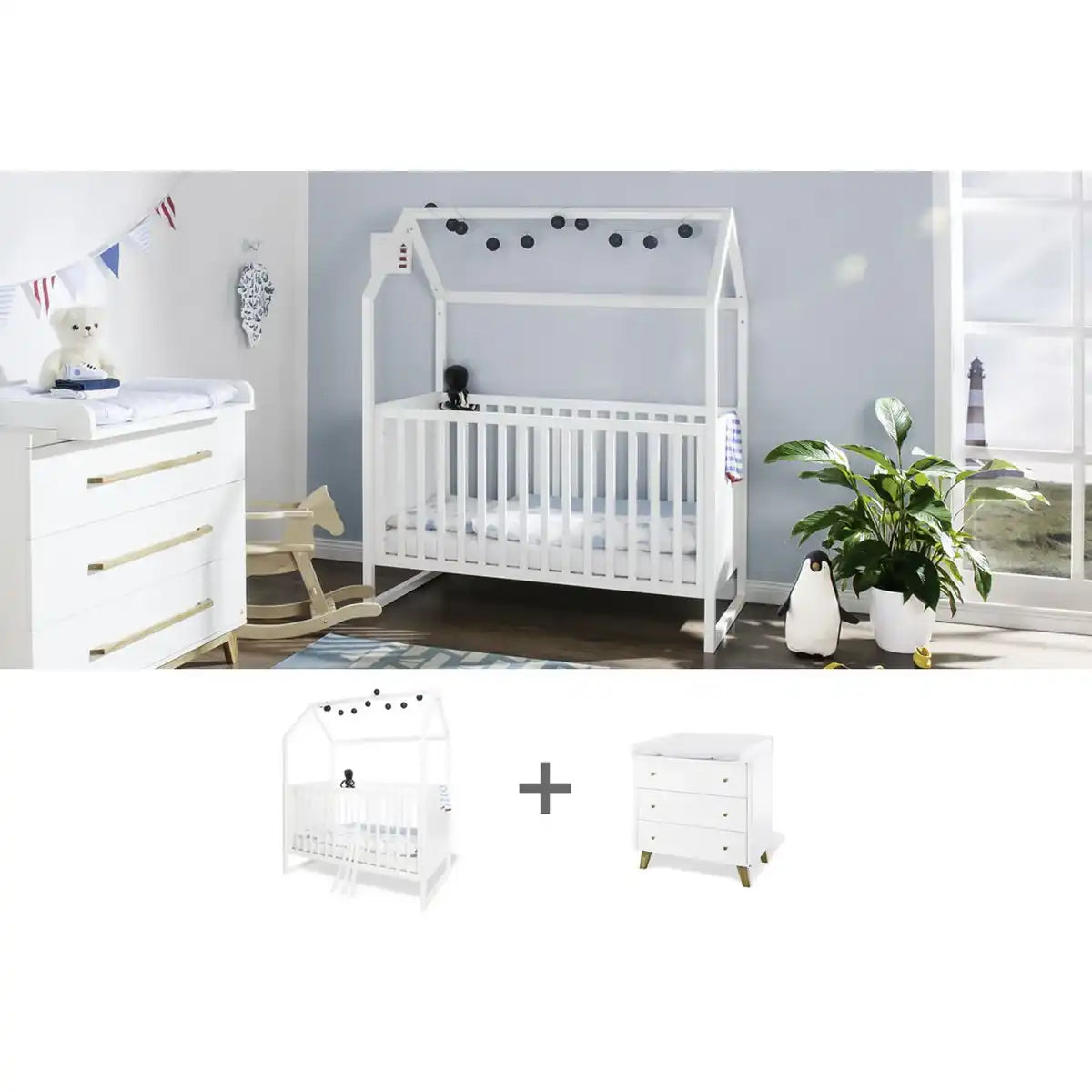 Starterset 'Hilda & Pan' breit, weiß
2-teilig: Hausbett, breite Wickelkommode - HomeDesign Knaus