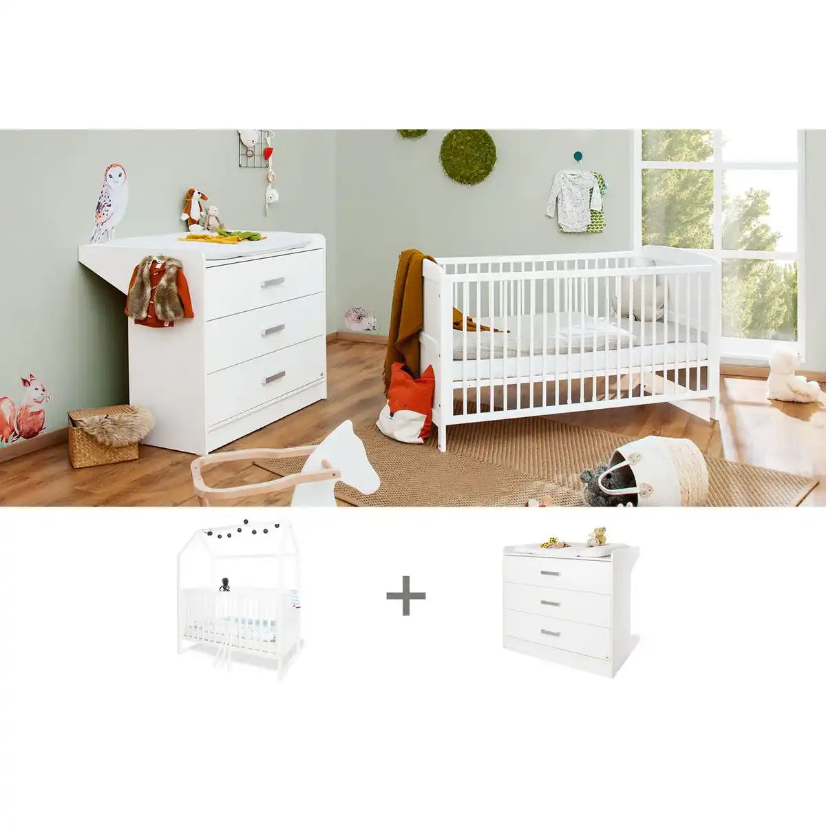 Starterset 'Hilda &Viktoria' breit, weiß2-teilig: Hausbett, breite Wickelkommode - HomeDesign Knaus