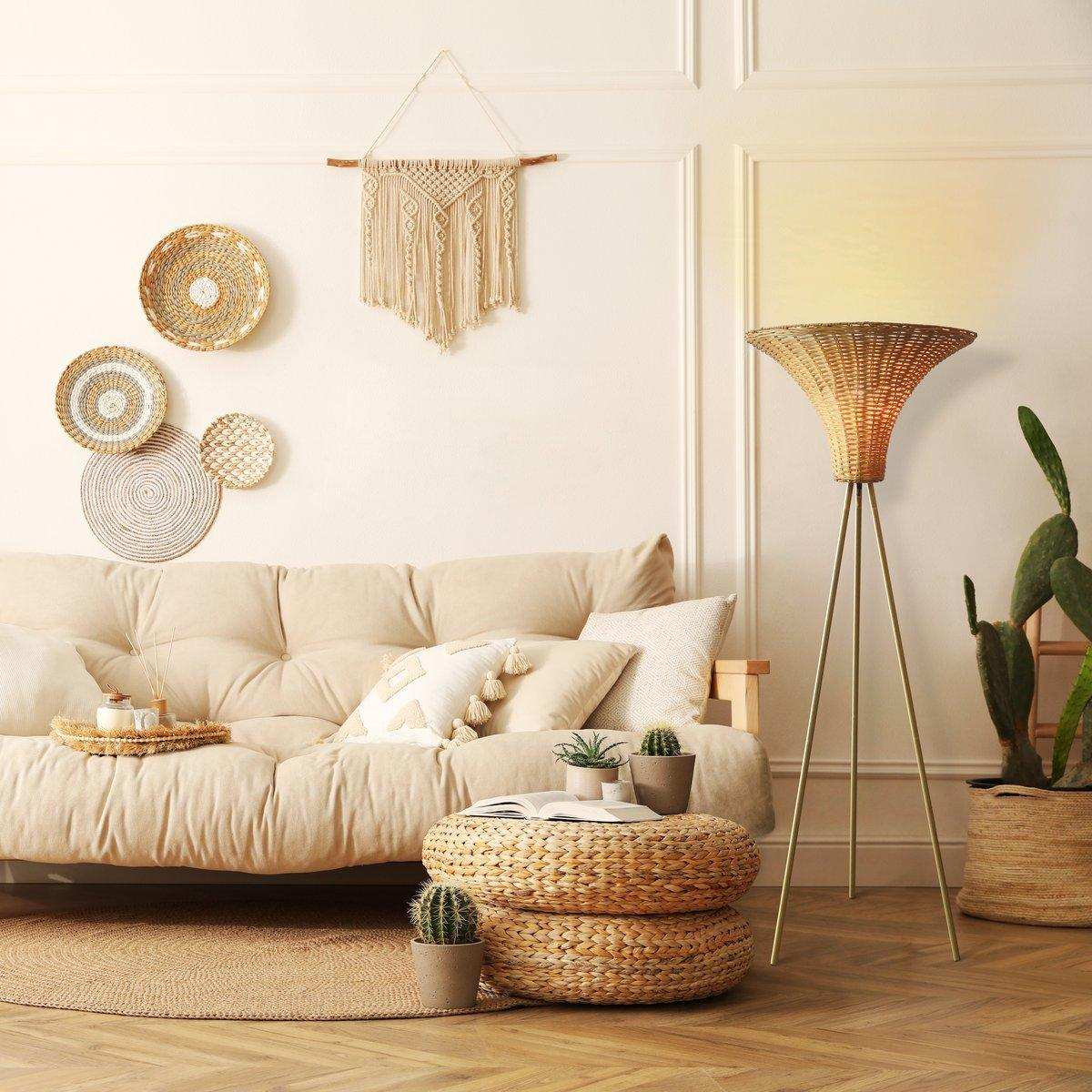 Stehleuchte mit Geflechtschirm Messing/Natur 150 cm - HomeDesign Knaus