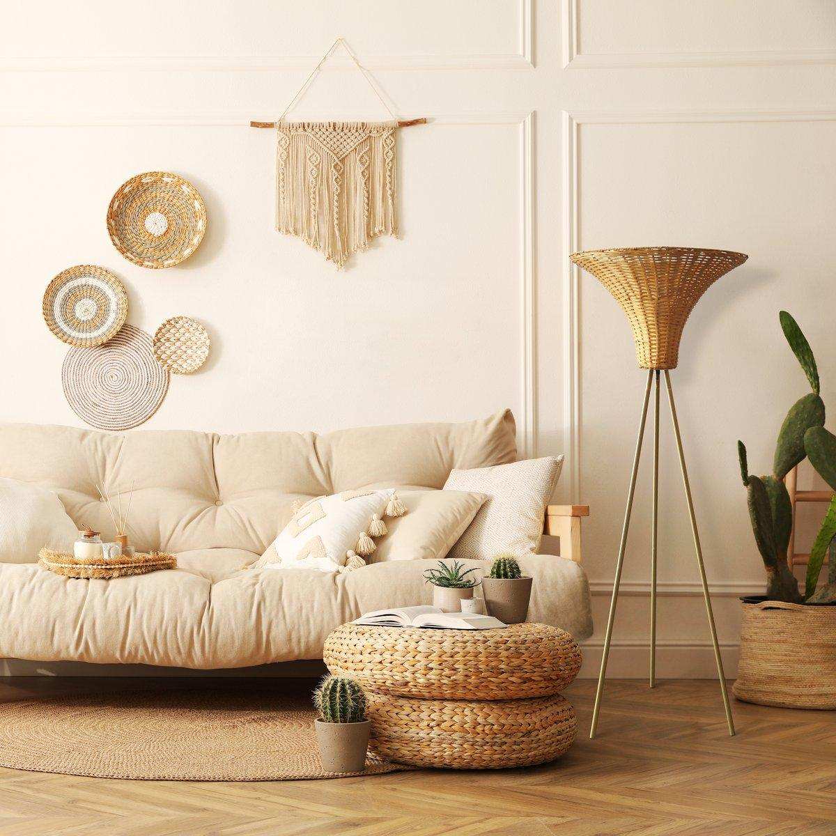 Stehleuchte mit Geflechtschirm Messing/Natur 150 cm - HomeDesign Knaus