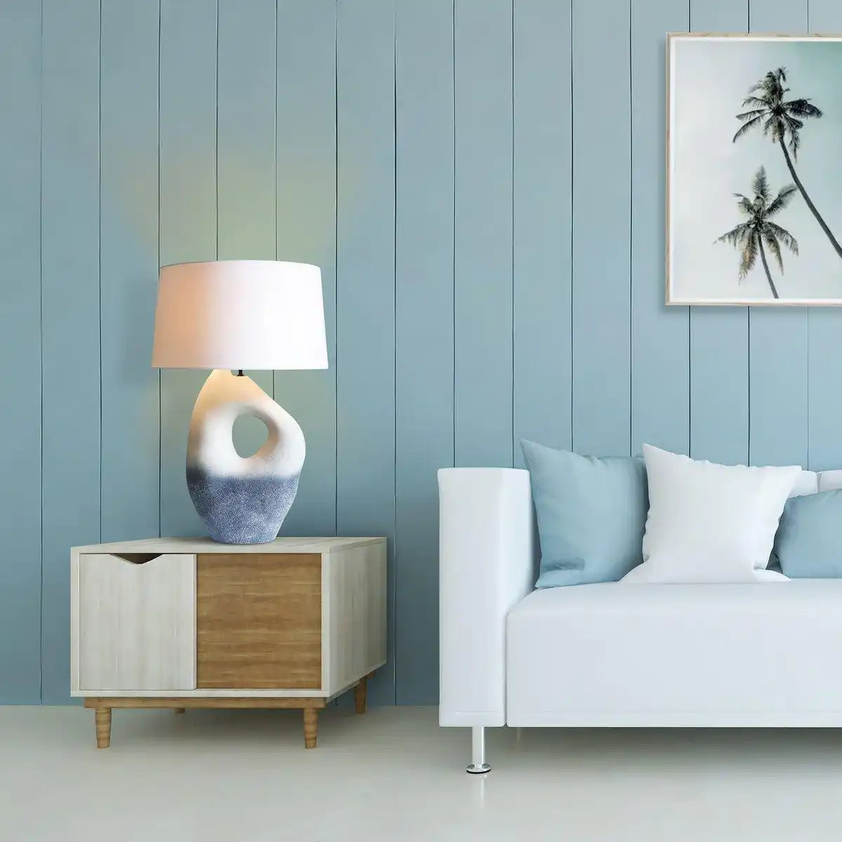 Tischleuchte Keramik/Leinen Blau/Weiß - HomeDesign Knaus