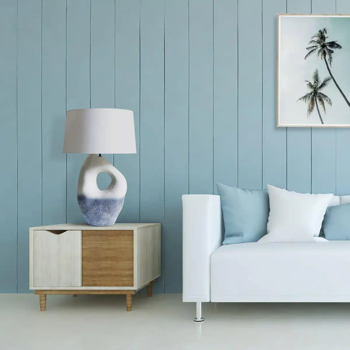 Tischleuchte Keramik/Leinen Blau/Weiß - HomeDesign Knaus