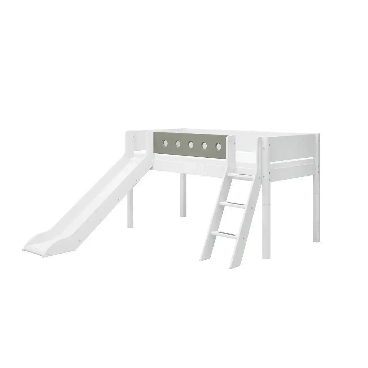 Weißes mittleres Bett mit Rutschen, schräge Leiter, 90x200 cm, weiß/natürlich grün - HomeDesign Knaus