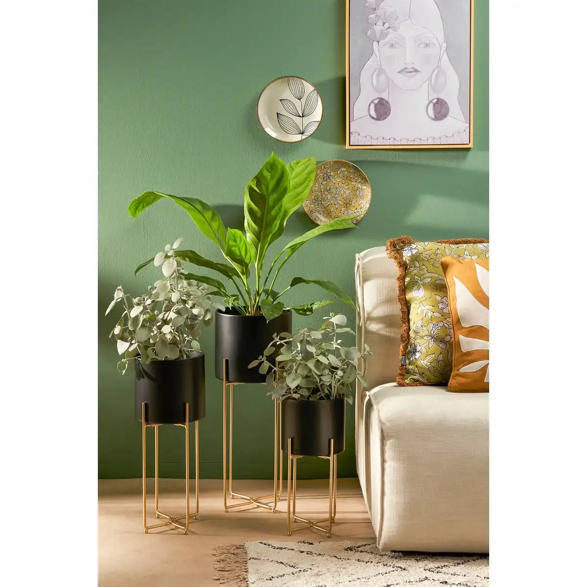 Widder-Blumentopf auf Ständer – 3er-Set – H58 x Ø24 cm – Schwarz - HomeDesign Knaus