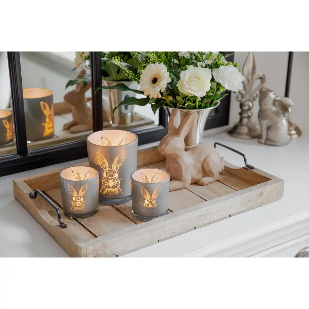 Windlicht Hase (Höhe 12,5 cm, ø 10 cm) in Grau, Teelichthalter, Teelichtglas im mit Hasen-Motiv - HomeDesign Knaus
