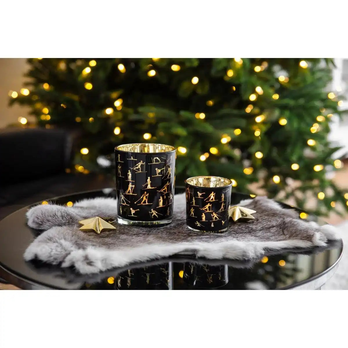 Windlicht Monty (Höhe 13 cm, ø 10 cm), Windlicht mit Skisport Motiv, innen gold / außen schwarz - HomeDesign Knaus