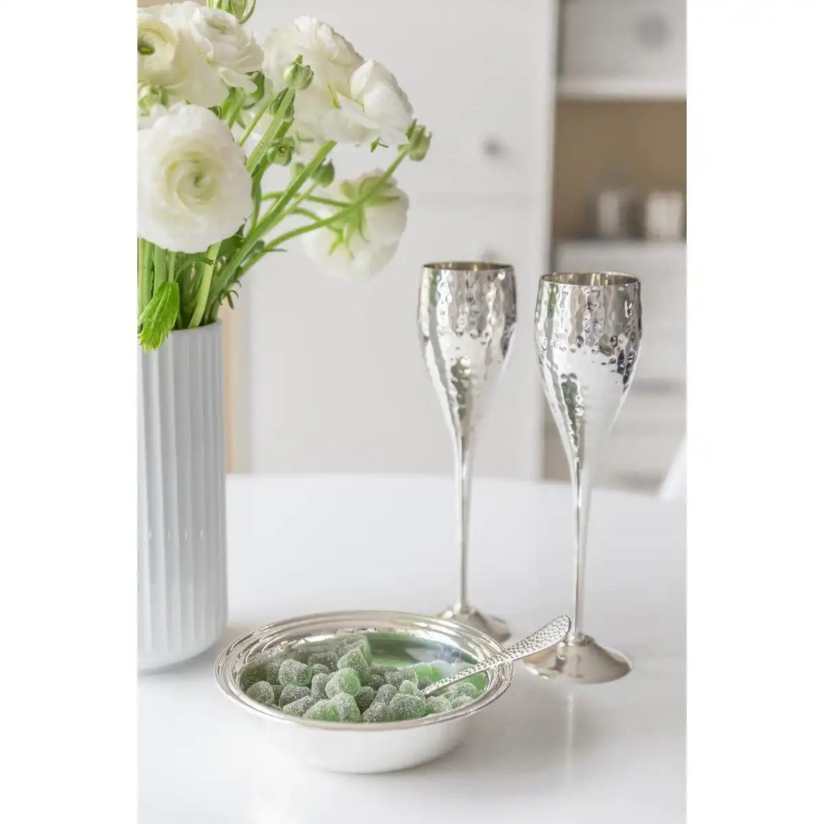 2er Set Sektkelch Sektflöte Dodo, gehämmert, edel versilbert, Höhe 23 cm, Füllmenge 200 ml - HomeDesign Knaus