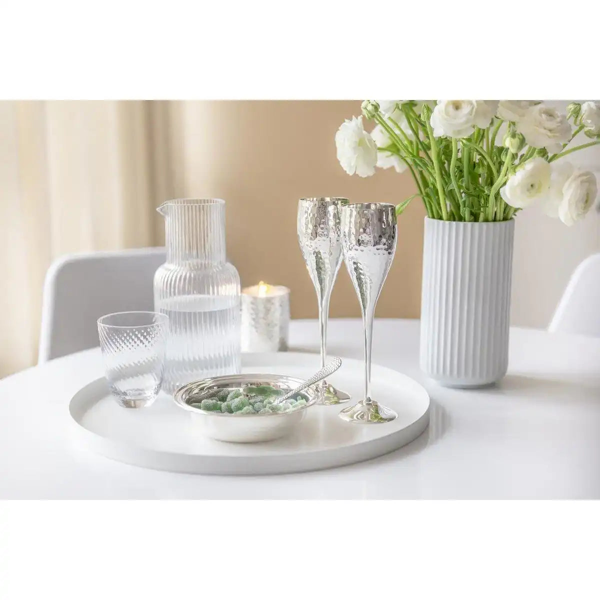 2er Set Sektkelch Sektflöte Dodo, gehämmert, edel versilbert, Höhe 23 cm, Füllmenge 200 ml - HomeDesign Knaus