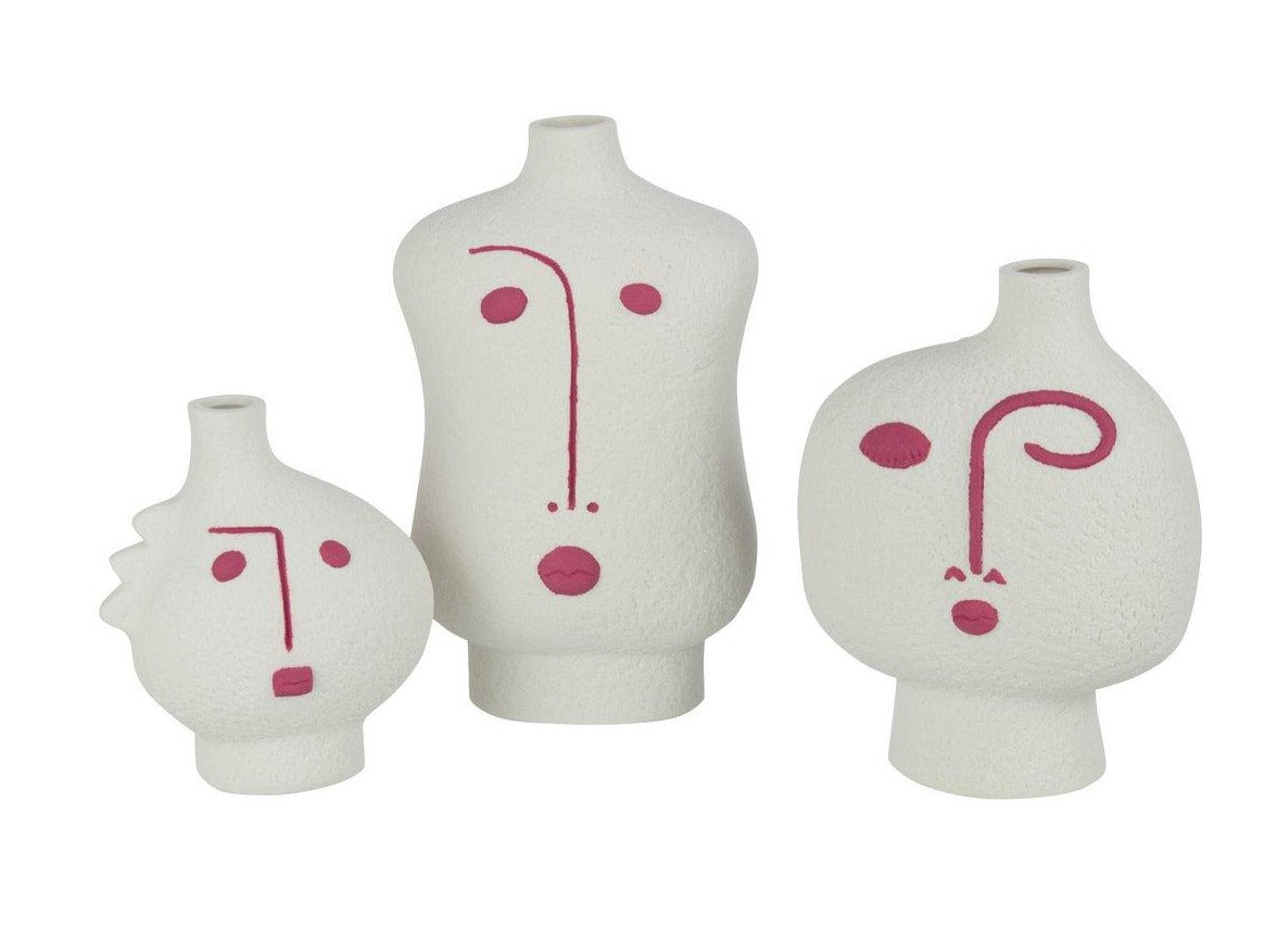J-Line Set mit 3 Vasen mit abstraktem Gesicht aus Porzellan, Fuchsia/Weiß - HomeDesign Knaus