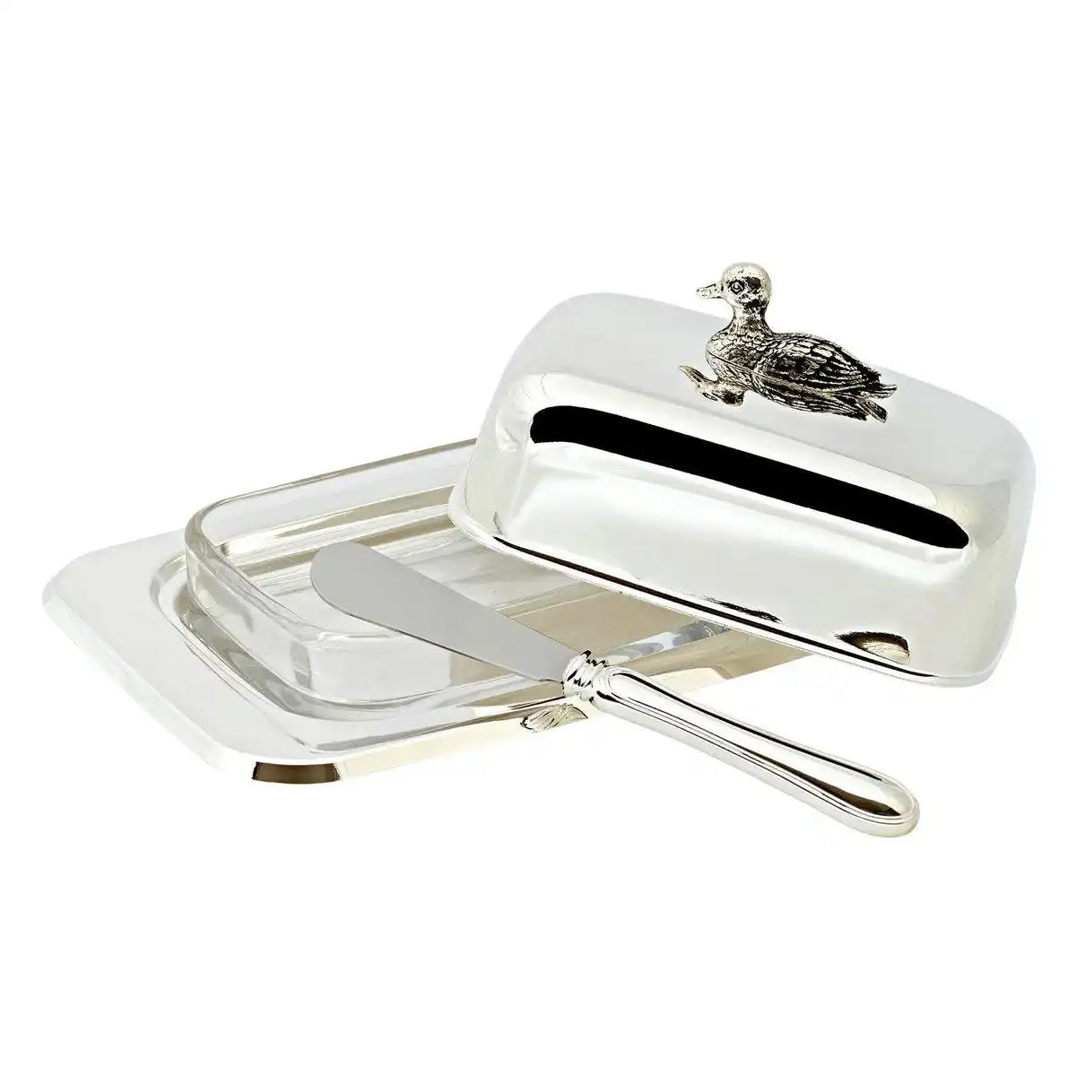 Butterdose Ente Glaseinsatz Edelstahl versilbert inkl. Buttermesser - HomeDesign Knaus