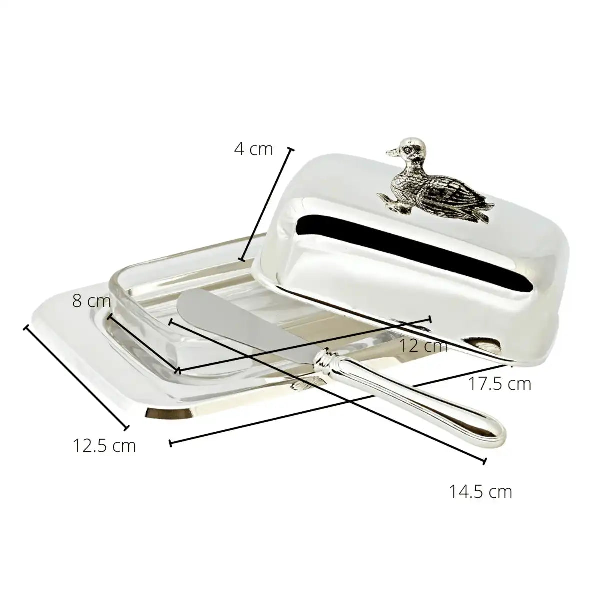 Butterdose Ente Glaseinsatz Edelstahl versilbert inkl. Buttermesser - HomeDesign Knaus