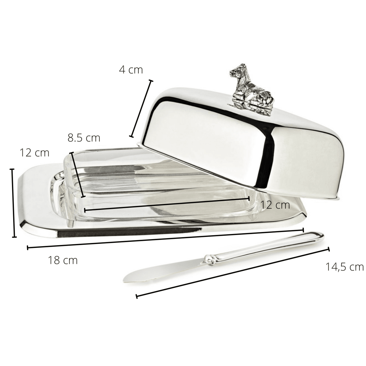 EDZARD Butterdose Kuh 13x18 cm, H 8 cm, Glaseinsatz, edel versilbert, mit Buttermesser - HomeDesign Knaus