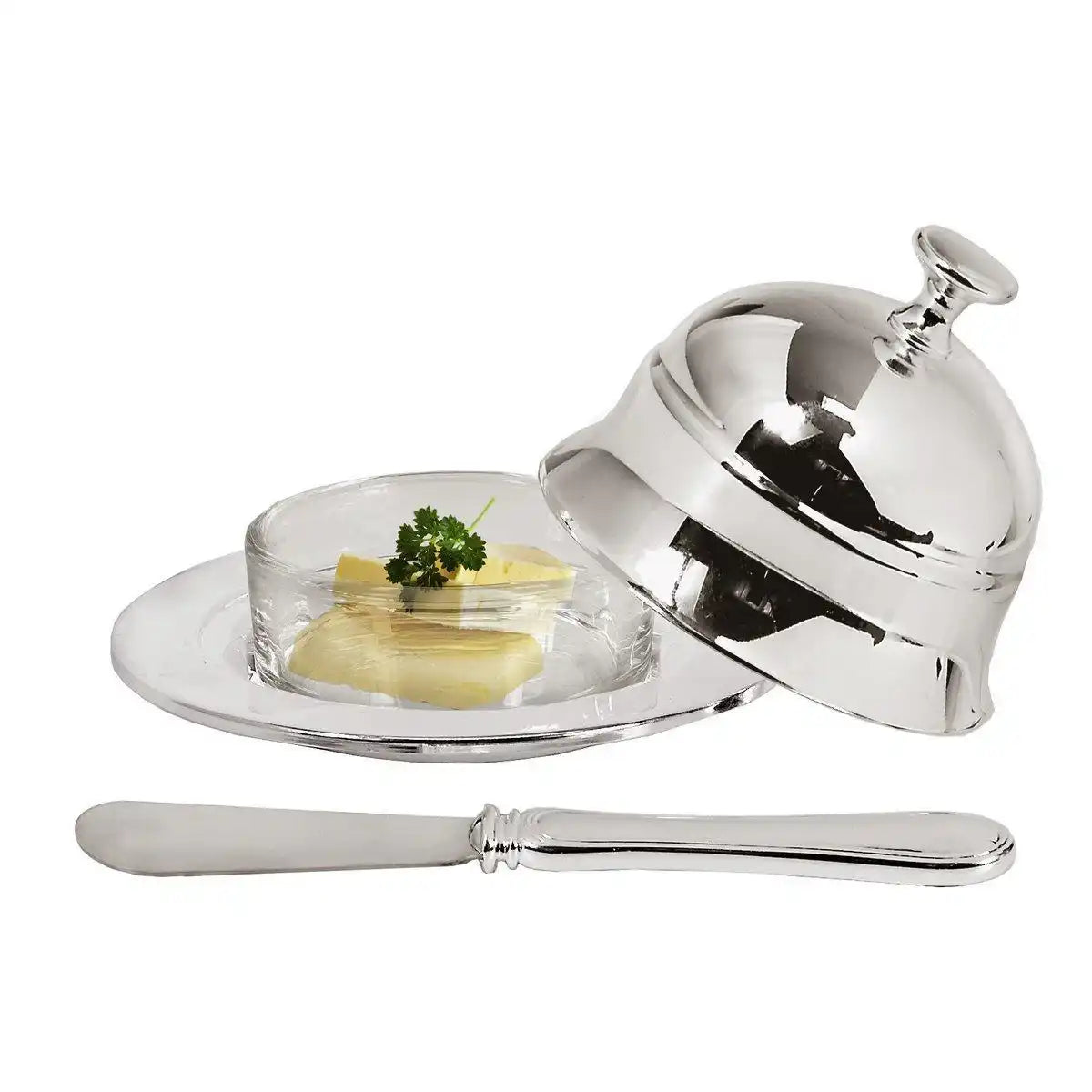 Butterdose mit Deckel Epe Chrom versilbert mit passendem Buttermesser - HomeDesign Knaus