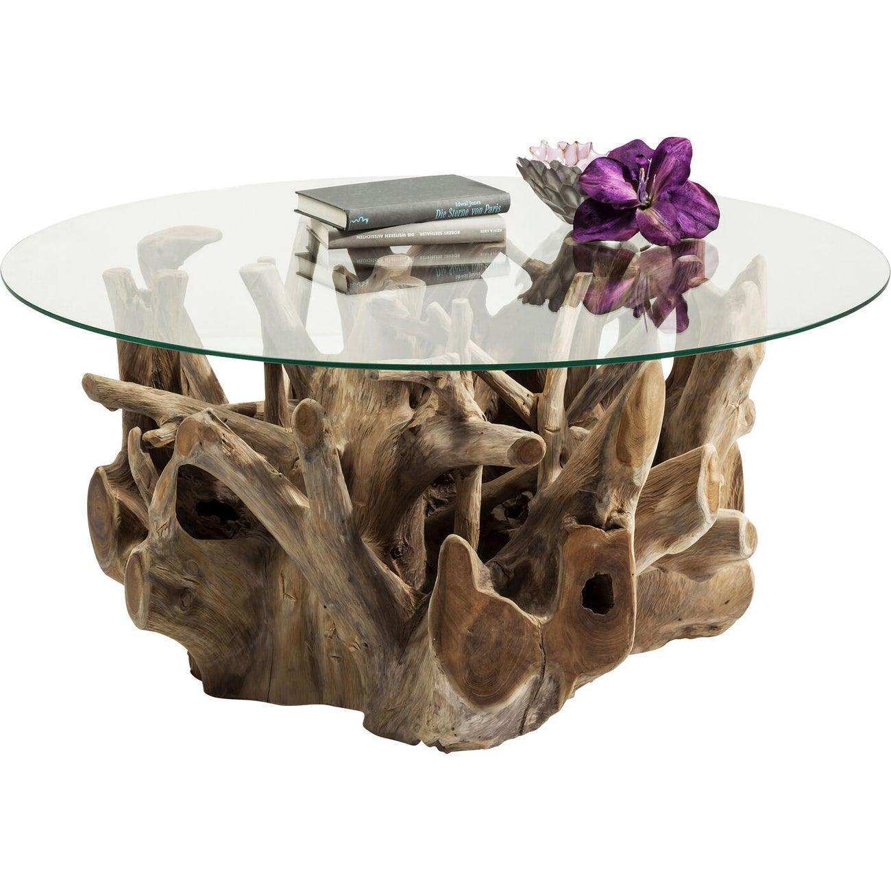 Designer Roots Couchtisch Tisch Glastisch Natur Teak Massivholz 100 cm - HomeDesign Knaus