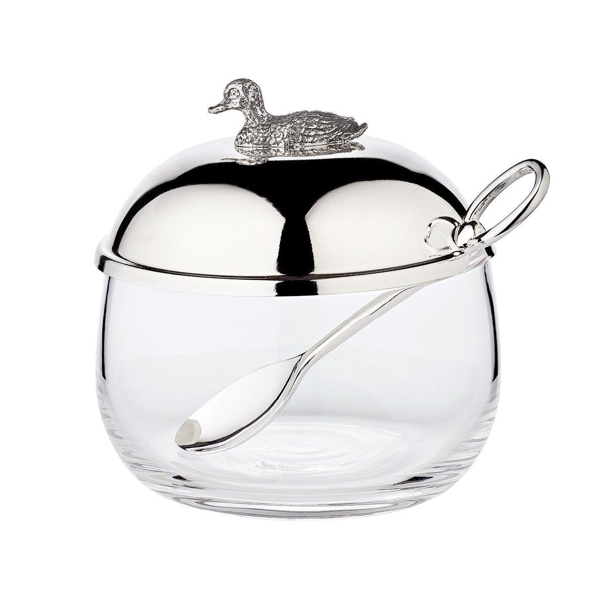 EDZARD Marmeladenglas Ente mit Löffel, edel versilbert, Höhe 10 cm, Durchmesser 10 cm - HomeDesign Knaus