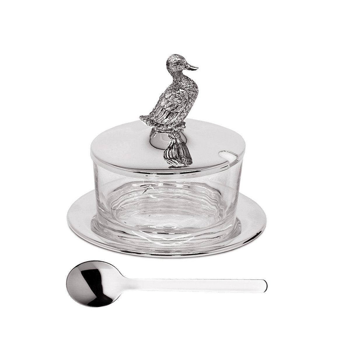 EDZARD Marmeladenglas Ente mit Untersetzer und Löffel, edel versilbert, Höhe 12 cm, ø 14 cm, ø Glas 9 cm - HomeDesign Knaus