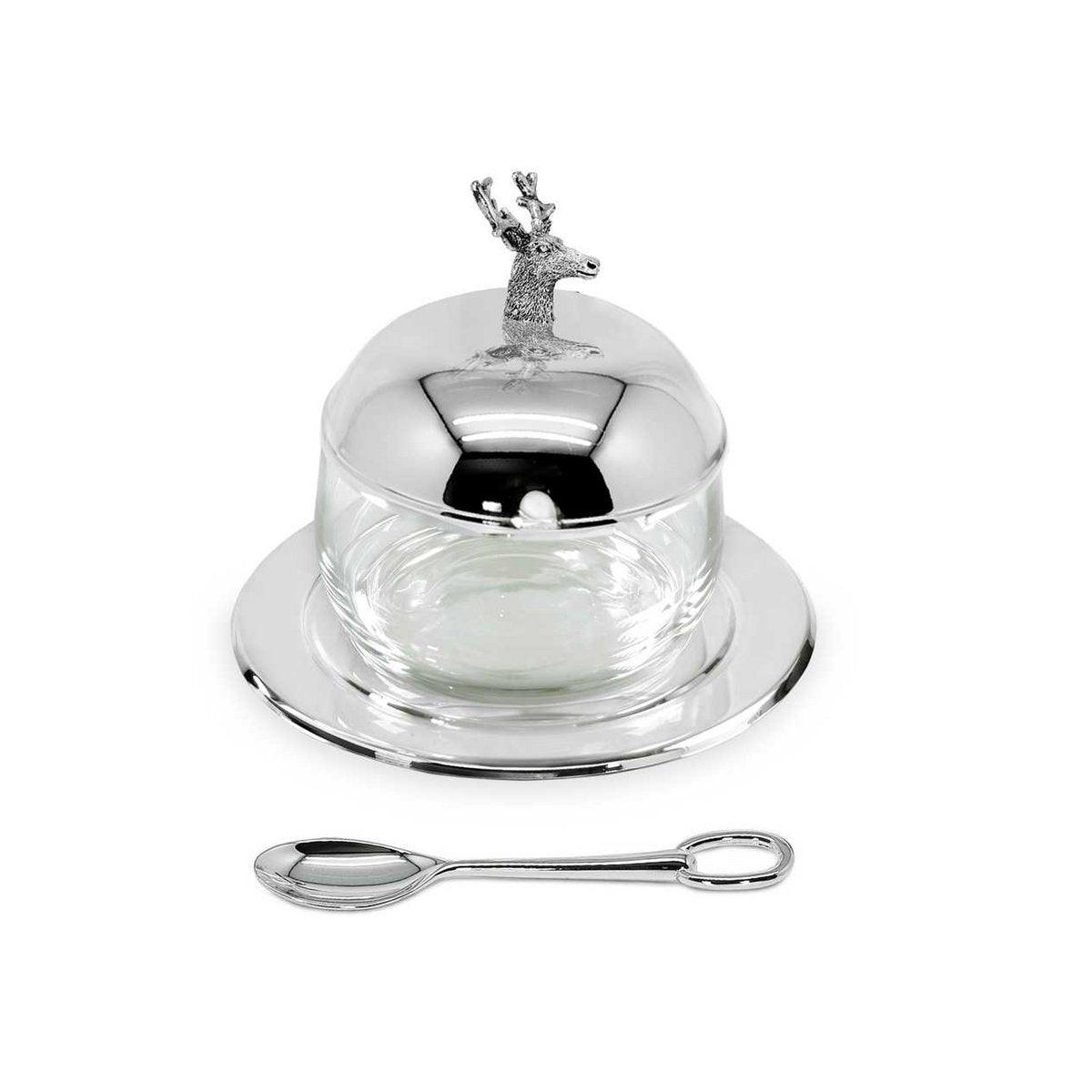 EDZARD Marmeladenglas Hirsch mit Untersetzer und Löffel, edel versilbert, Höhe 11 cm, ø 14 cm, ø Glas 10 cm - HomeDesign Knaus