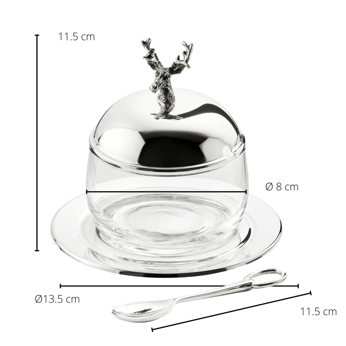EDZARD Marmeladenglas Hirsch mit Untersetzer und Löffel, edel versilbert, Höhe 11 cm, ø 14 cm, ø Glas 10 cm - HomeDesign Knaus