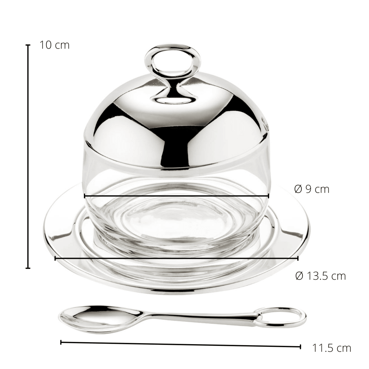 EDZARD Marmeladenglas Jago mit Untersetzer und Löffel, edel versilbert, Höhe 10 cm, ø 14 cm, ø Glas 10 cm - HomeDesign Knaus