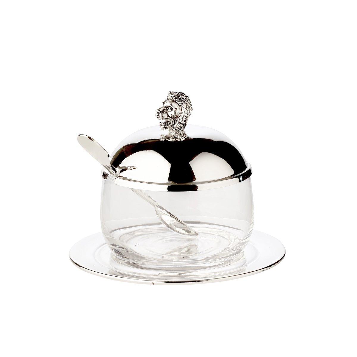 EDZARD Marmeladenglas Löwe mit Untersetzer und Löffel, edel versilbert, Höhe 12 cm, ø 14 cm, ø Glas 10 - HomeDesign Knaus