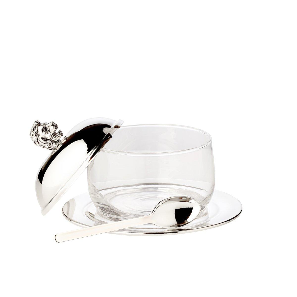 EDZARD Marmeladenglas Löwe mit Untersetzer und Löffel, edel versilbert, Höhe 12 cm, ø 14 cm, ø Glas 10 - HomeDesign Knaus