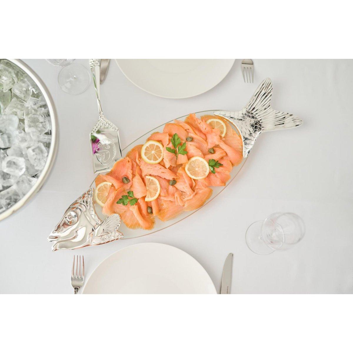 EDZARD Fischplatte Salmon, Glas, edel versilberte Elemente, mit Heber, Länge 58 cm - HomeDesign Knaus