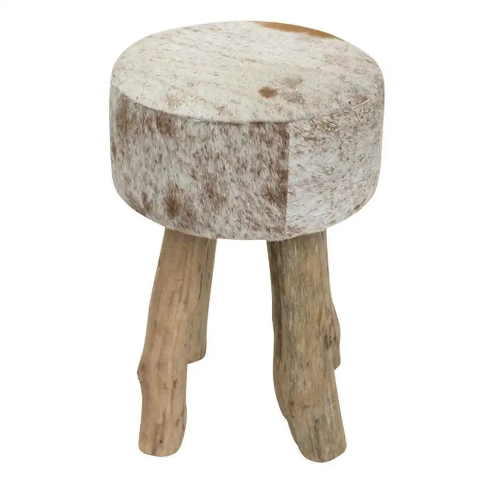 Holz Hocker Rindsleder Kuh Braun weiß rund - HomeDesign Knaus