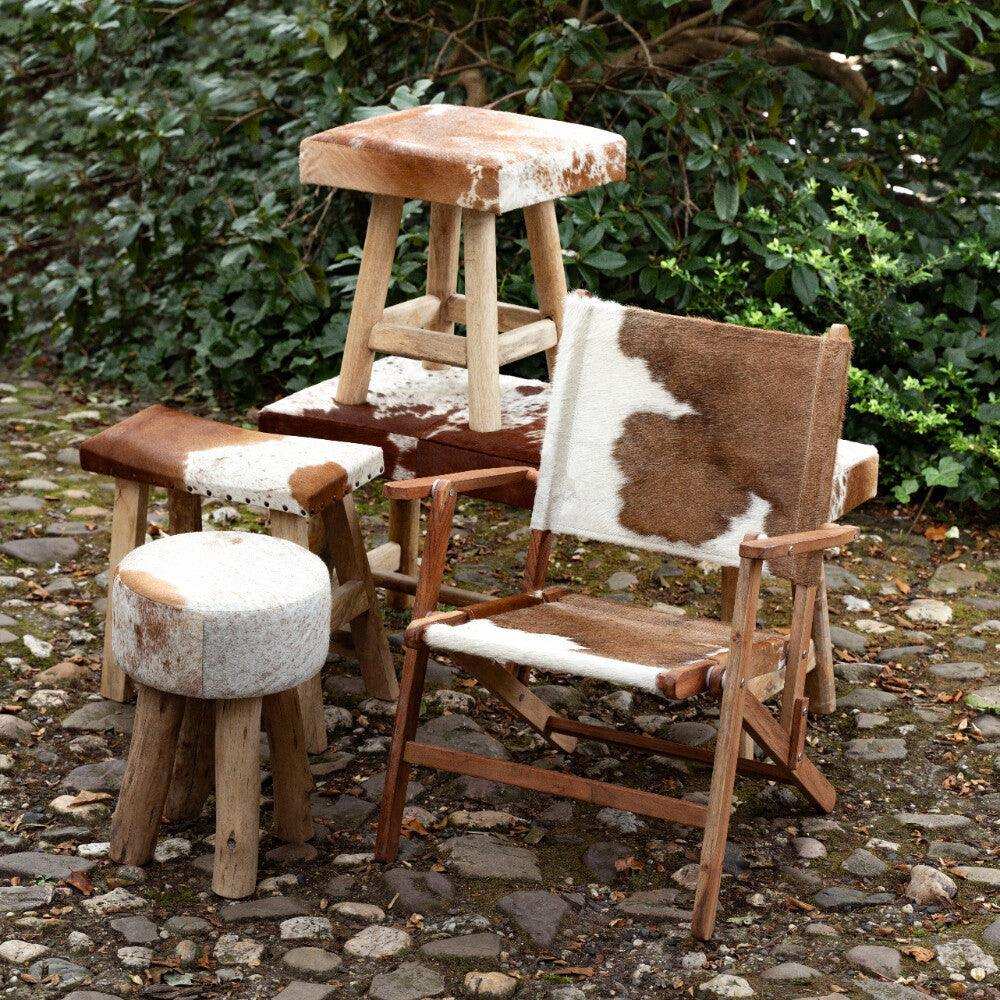 Holz Hocker Rindsleder Kuh Braun weiß rund - HomeDesign Knaus
