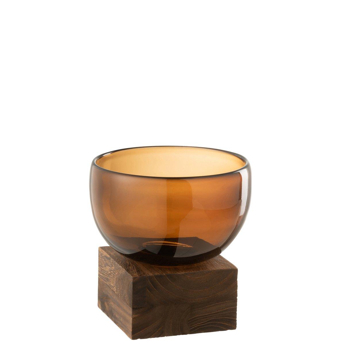 J-Line Vase auf Fuß, breit, Glas/Holz, braun, groß – 20,00 cm hoch - HomeDesign Knaus