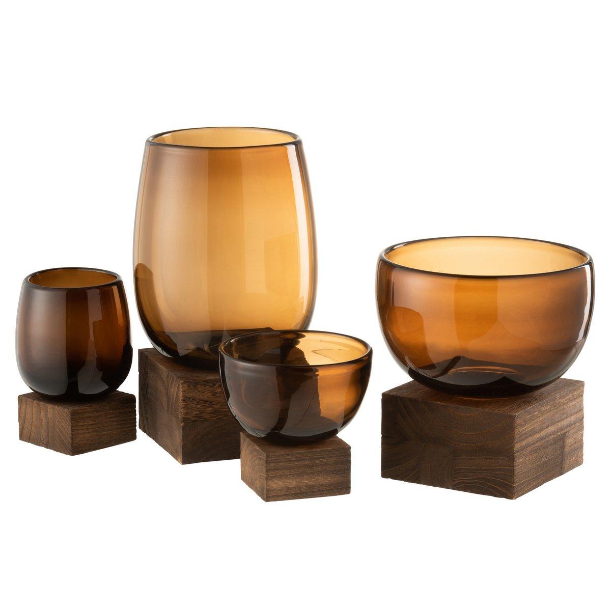 J-Line Vase auf Fuß, breit, Glas/Holz, braun, groß – 20,00 cm hoch - HomeDesign Knaus