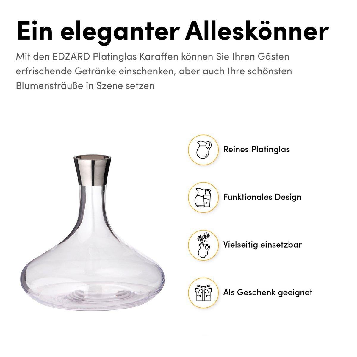 EDZARD Karaffe Edward, mundgeblasenes Kristallglas mit Platinrand, Höhe 24 cm, Fassungsvermögen 1,6 Liter - HomeDesign Knaus