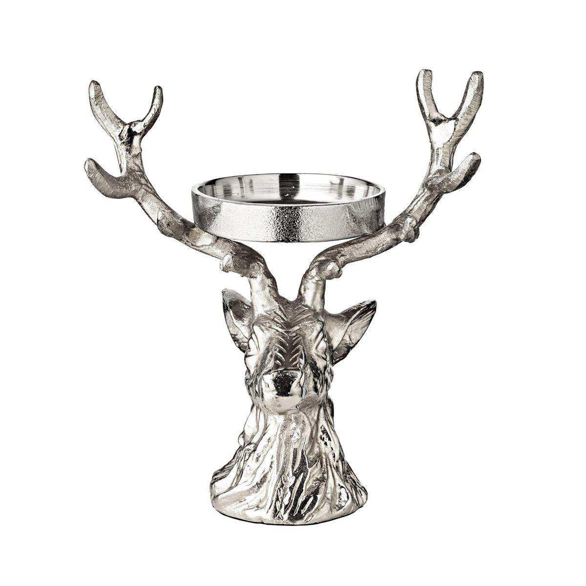 Kerzenleuchter Hirsch, Aluminium vernickelt, Höhe 20 cm, für Stumpenkerze ø 6 cm - HomeDesign Knaus