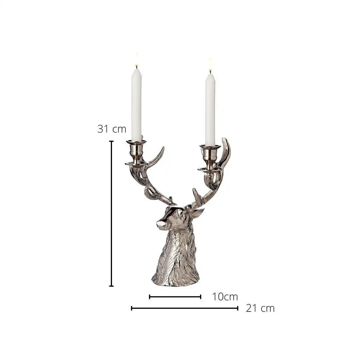 Kerzenleuchter Kerzenhalter Hirsch Geweih Höhe 33 cm, Aluminium vernickelt, für 2 Stabkerzen - HomeDesign Knaus