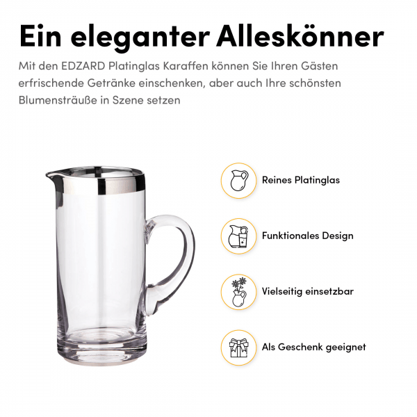 EDZARD Krug Karaffe Robert, mundgeblasenes Kristallglas mit Platinrand, Höhe 20 cm, Füllmenge 1,0 Liter - HomeDesign Knaus