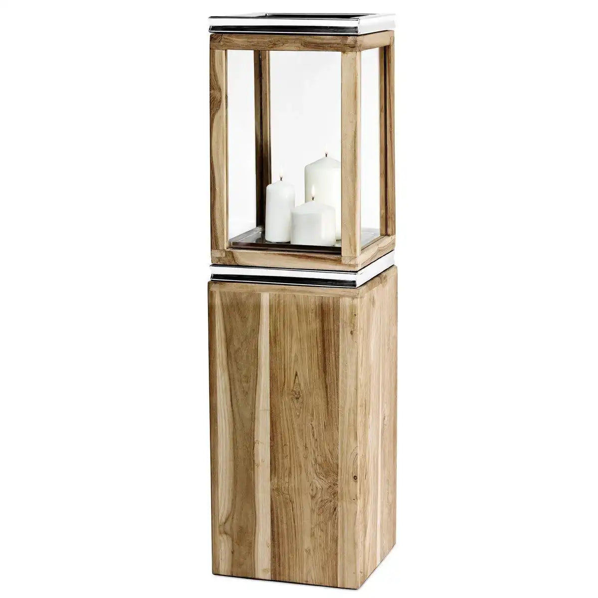 Laterne Dubai mit Sockel, Teakholz und Edelstahl glänzend vernickelt, Höhe 95 cm - HomeDesign Knaus