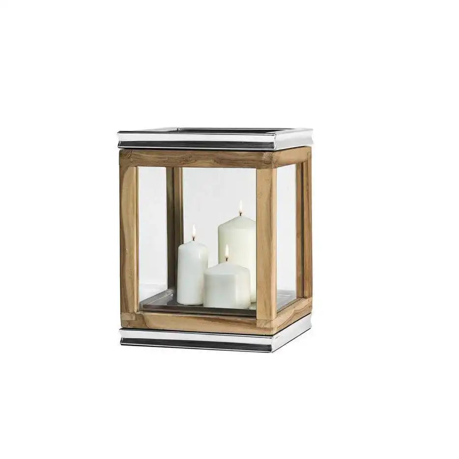 Laterne Dubai, Teakholz und Edelstahl glänzend vernickelt 34cm - HomeDesign Knaus
