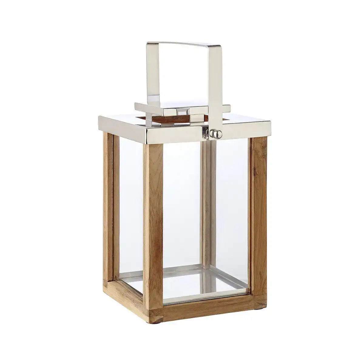 Laterne Windlicht Miami mit klappbarem Griff, Holz und Edelstahl glänzend vernickelt 45cm - HomeDesign Knaus
