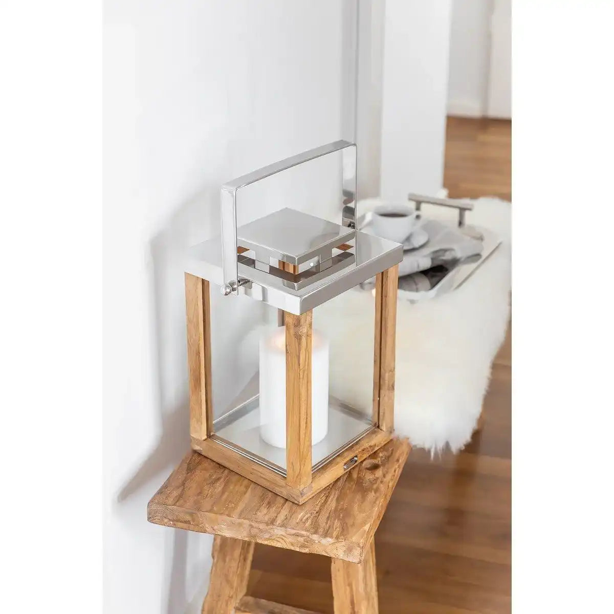 Laterne Windlicht Miami mit klappbarem Griff, Holz und Edelstahl glänzend vernickelt 45cm - HomeDesign Knaus