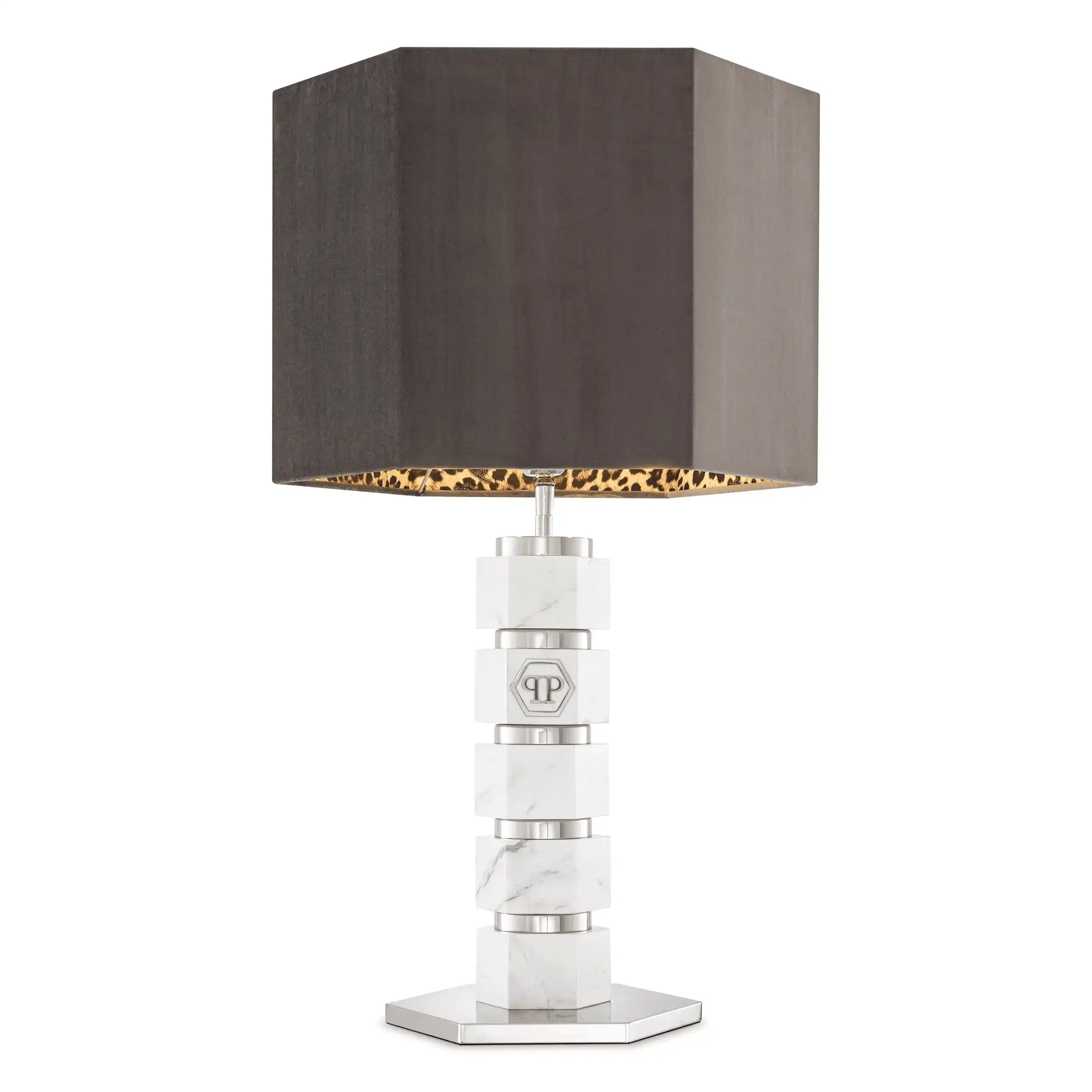 Philipp Plein CAHABA Glamourösen Tischlampe Marmorsockel Nickelrahmen Leopardenfutter Inklusive grauem Samtschirm Handarbeit - HomeDesign Knaus