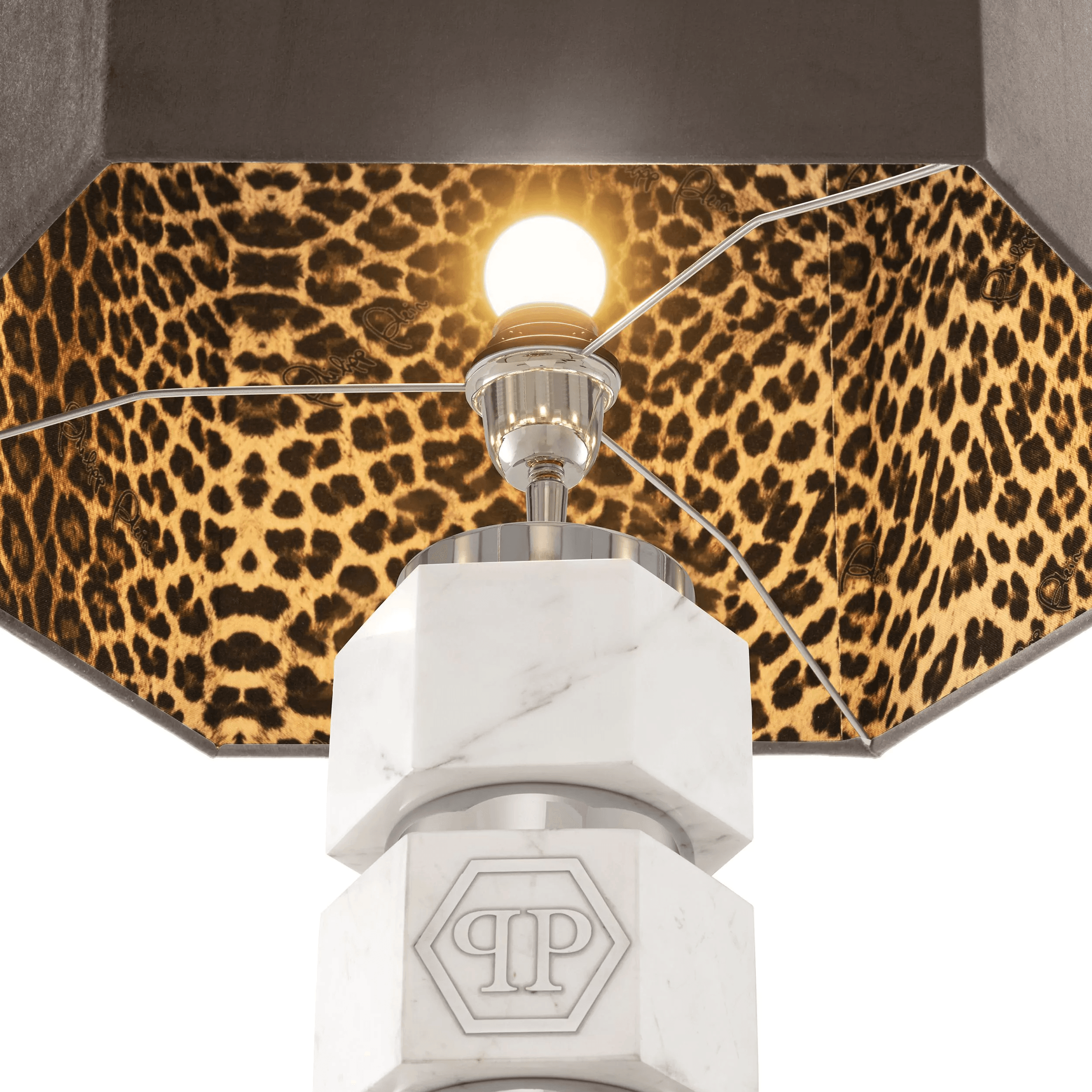 Philipp Plein CAHABA Glamourösen Tischlampe Marmorsockel Nickelrahmen Leopardenfutter Inklusive grauem Samtschirm Handarbeit - HomeDesign Knaus