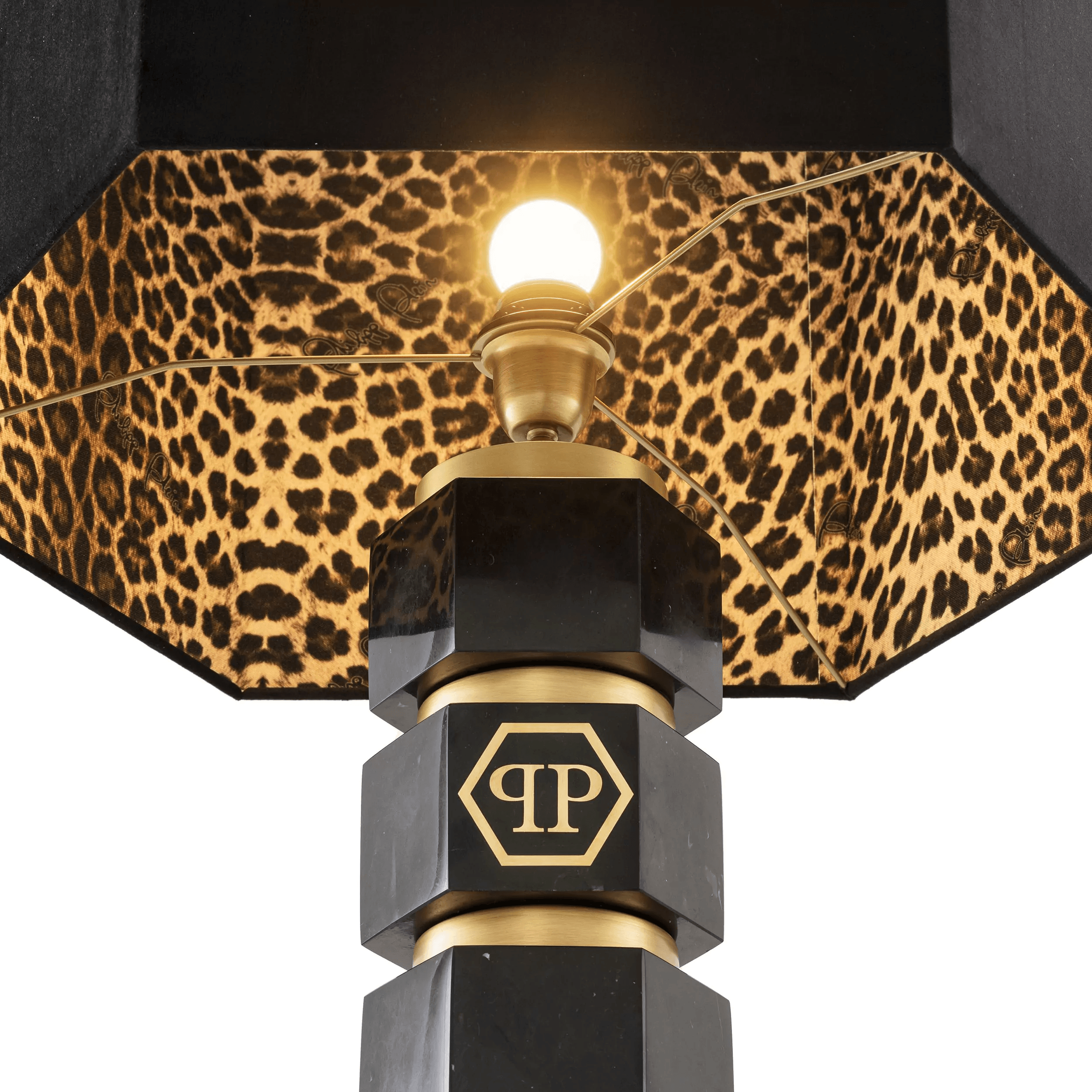 Philipp Plein CAHABA Glamourösen Tischlampe schwarzem Marmor Nickelrahmen Leopardenfutter Inklusive grauem Samtschirm Handarbeit - HomeDesign Knaus