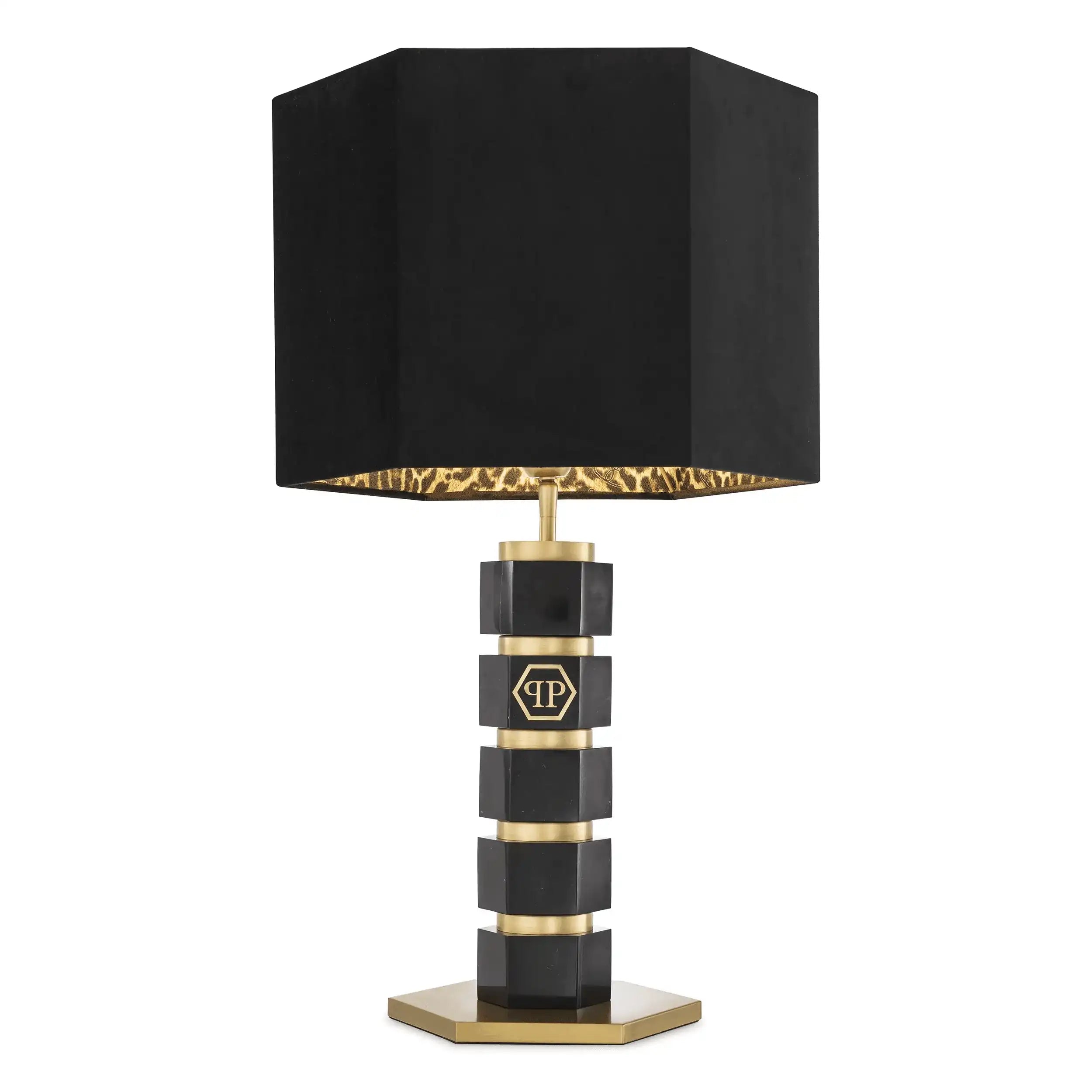 Philipp Plein CAHABA Glamourösen Tischlampe schwarzem Marmor Nickelrahmen Leopardenfutter Inklusive grauem Samtschirm Handarbeit - HomeDesign Knaus