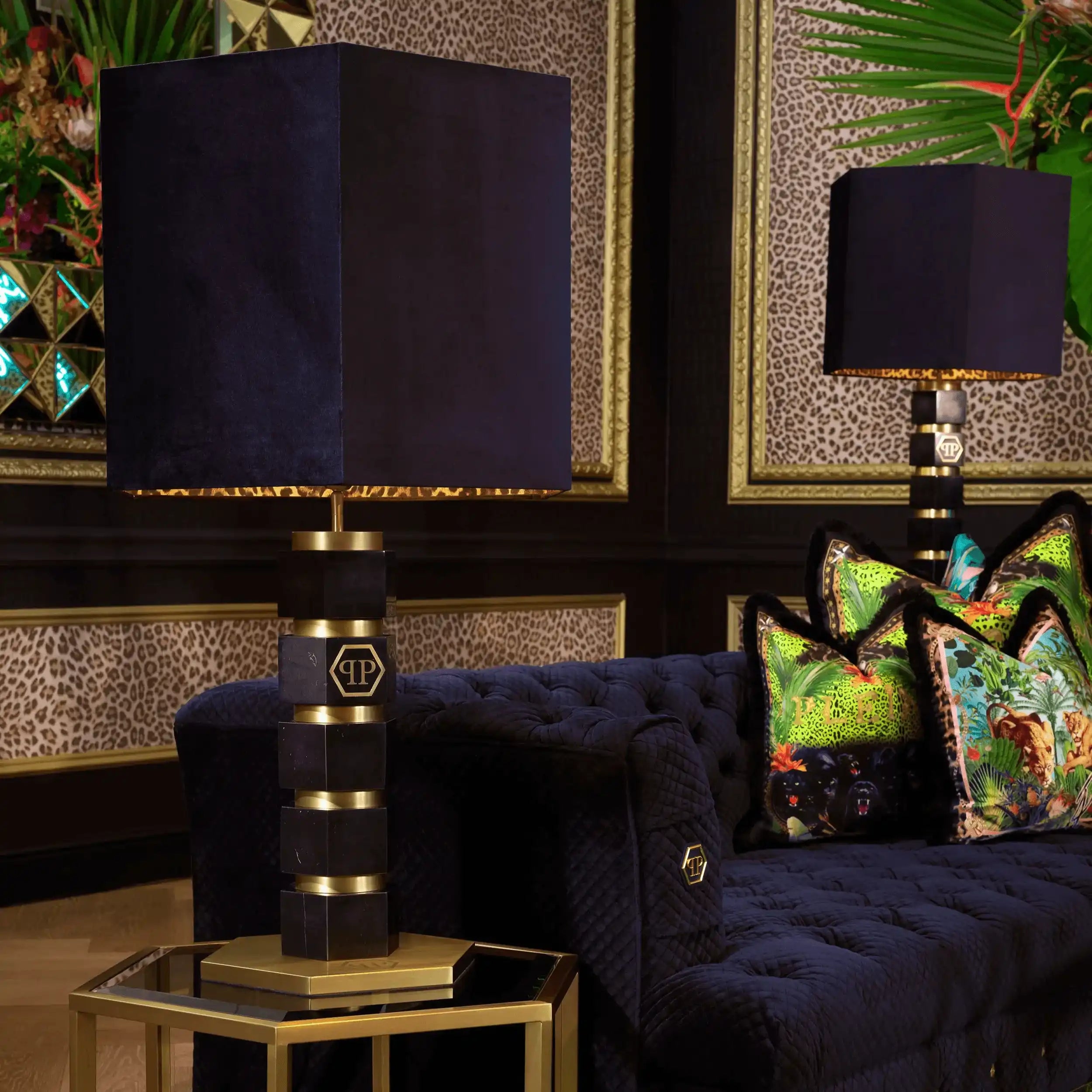 Philipp Plein CAHABA Glamourösen Tischlampe schwarzem Marmor Nickelrahmen Leopardenfutter Inklusive grauem Samtschirm Handarbeit - HomeDesign Knaus