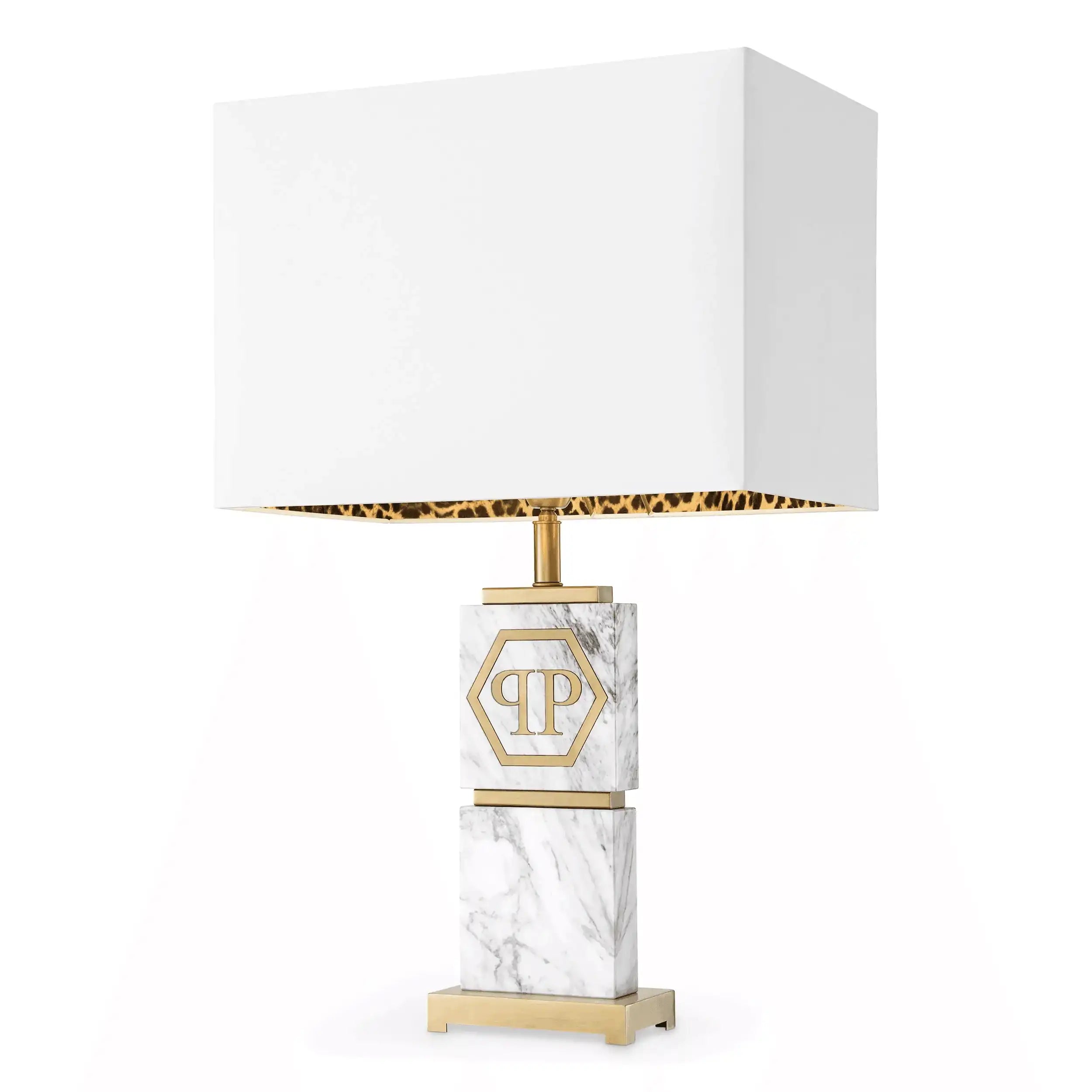 Philipp Plein CAHABA Glamourösen Tischlampe Weißer Marmor gebürstetes Messing weißer Schirm mit Leopardenfutter Handarbeit - HomeDesign Knaus
