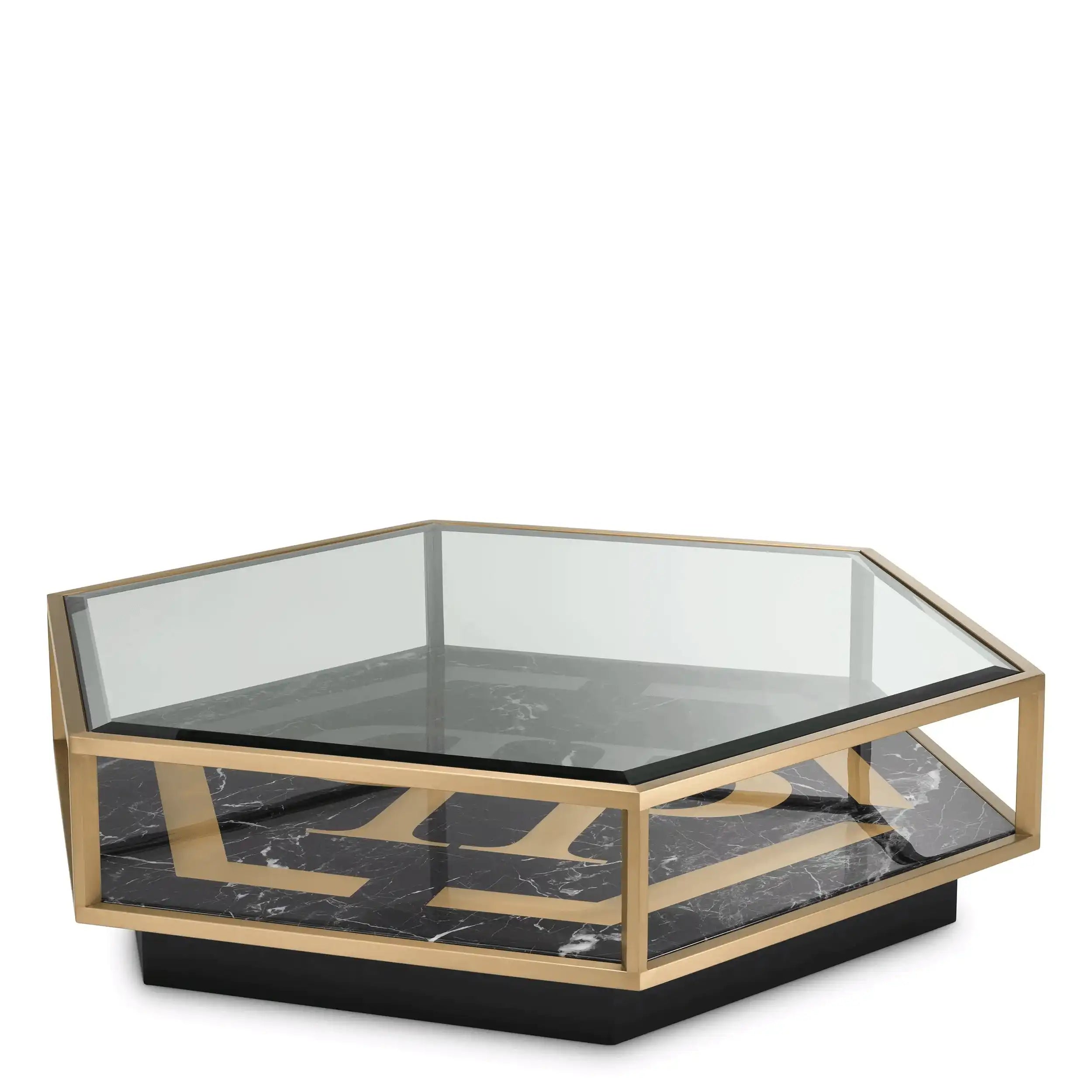 Philipp Plein FALCON Couchtisch Handarbeit Klarglas Sockel aus gebürstetem Messing - HomeDesign Knaus